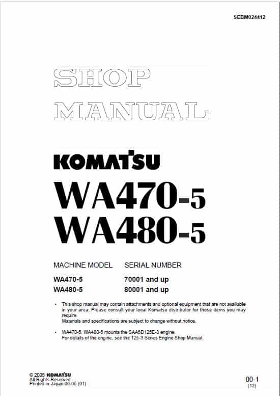 Komatsu WA470-5, WA480-5, WA470-5H, WA480-5H Wheel Loader Service Manual Workshop Guide