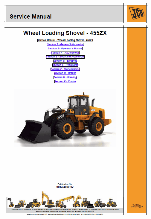JCB 455ZX Wheeled Loader Shovel Service Manual Workshop Guide