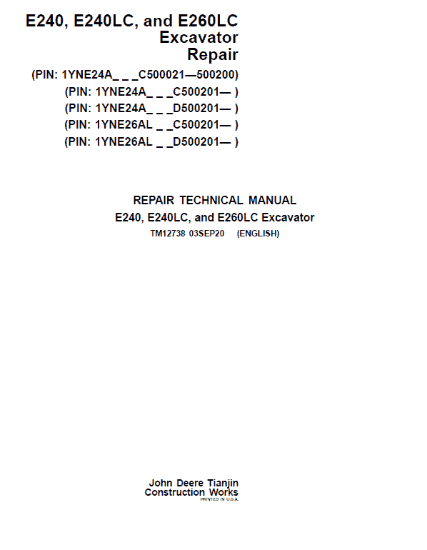 John Deere E240, E240LC, E260LC Excavator Technical Manual (S.N after C500201 & D500201) Workshop Guide
