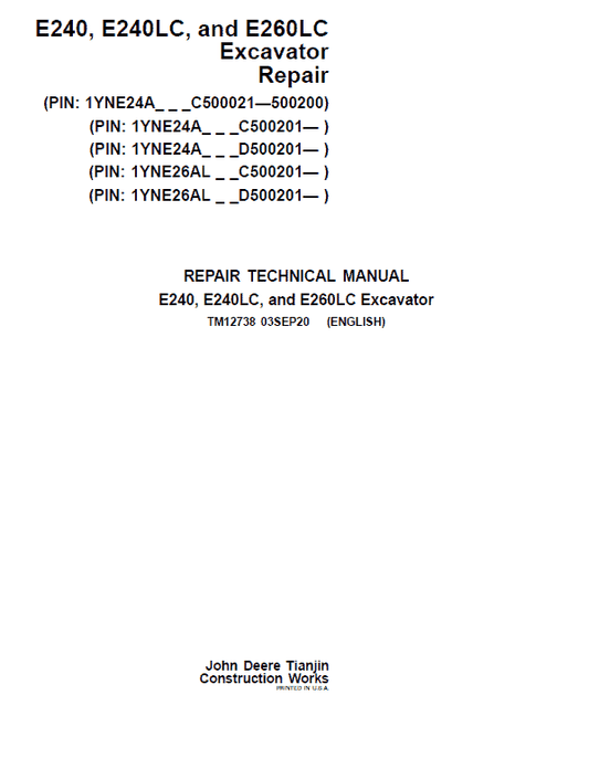 John Deere E240, E240LC, E260LC Excavator Technical Manual (S.N after C500201 & D500201) Workshop Guide