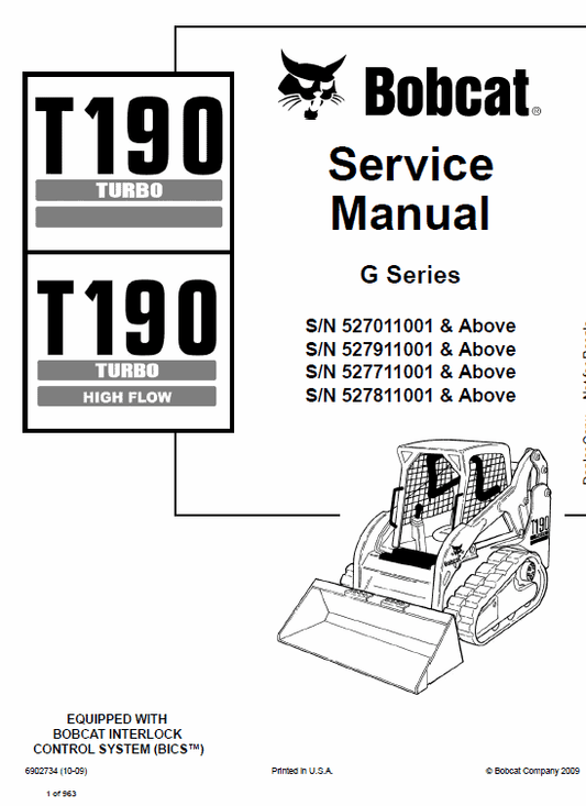 Bobcat T190 Turbo and Turbo High Flow Track Loader Service Manual Workshop Guide