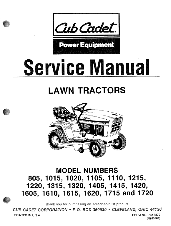 Cub Cadet 1605, 1610, 1615, 1620, 1715, 1720 Tractor Manual Workshop Guide