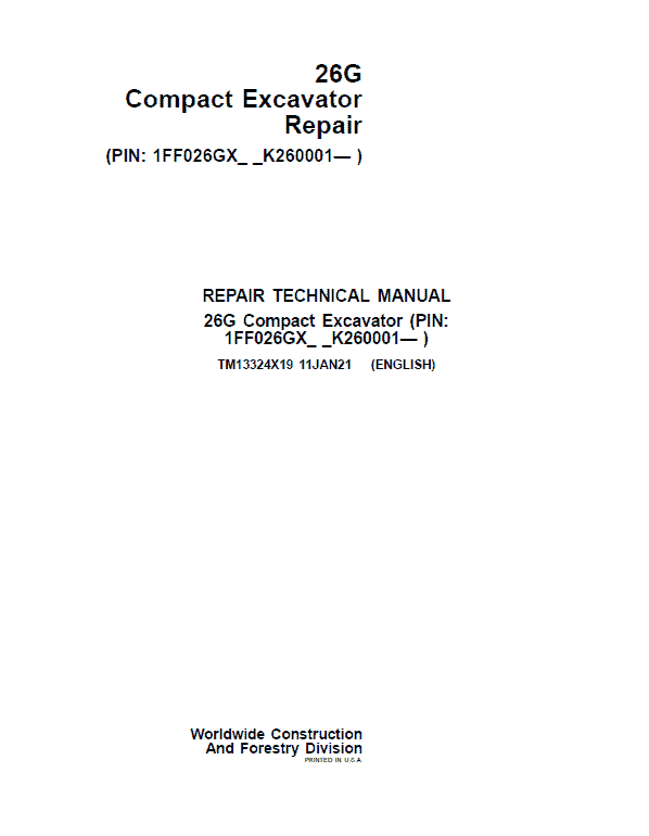 John Deere 26G Excavator Repair Technical Manual (S.N after K260001) Workshop Guide
