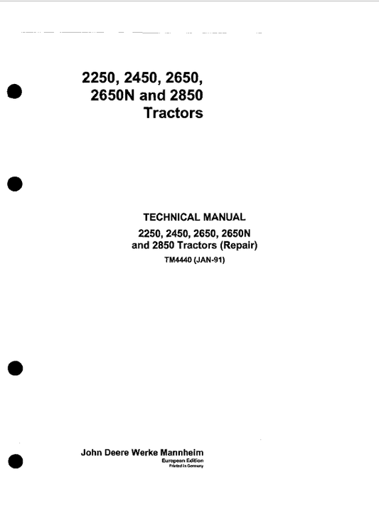 John Deere 2250, 2450, 2650, 2650N, 2850 Tractors Repair Technical Manual Workshop Guide