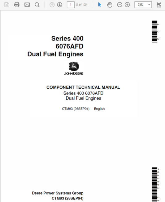 John Deere 400 Series Type 6076AFD Dual Fuel Engines Technical Manual (CTM93) Workshop Guide