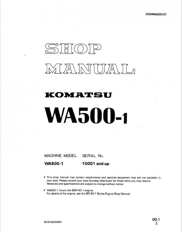 Komatsu WA500-1 Wheel Loader Service Manual Workshop Guide