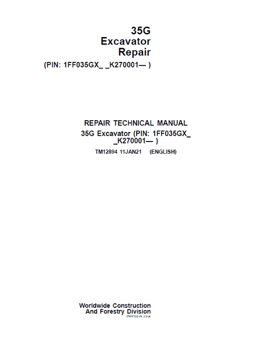 John Deere 35G Excavator Repair Technical Manual (S.N after K270001) Workshop Guide