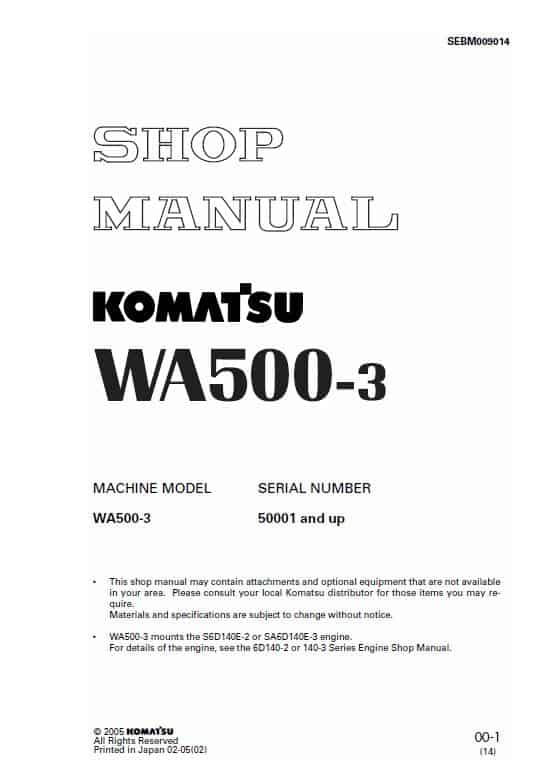 Komatsu WA500-3, WA500-3H Wheel Loader Service Manual Workshop Guide