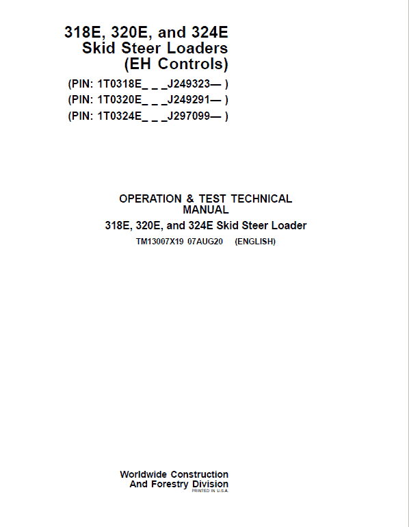 John Deere 318E, 320E, 324E SkidSteer Loader Manual (EH Controls – SN after J249291) Workshop Guide