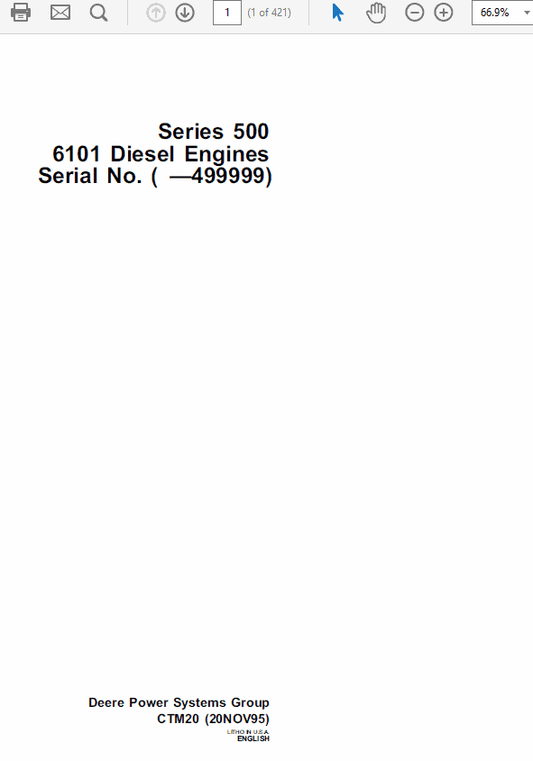 John Deere 500 Series Type 6101 Diesel Engines Manual (CTM20) Workshop Guide