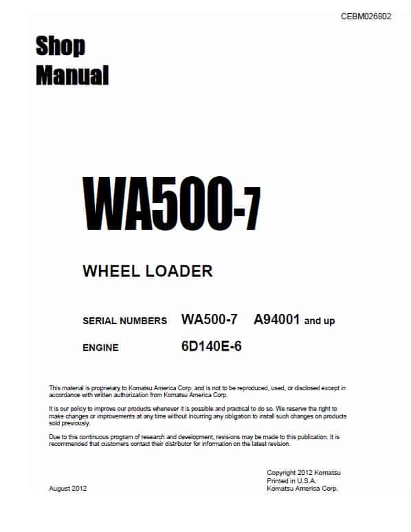 Komatsu WA500-7 Wheel Loader Service Manual Workshop Guide