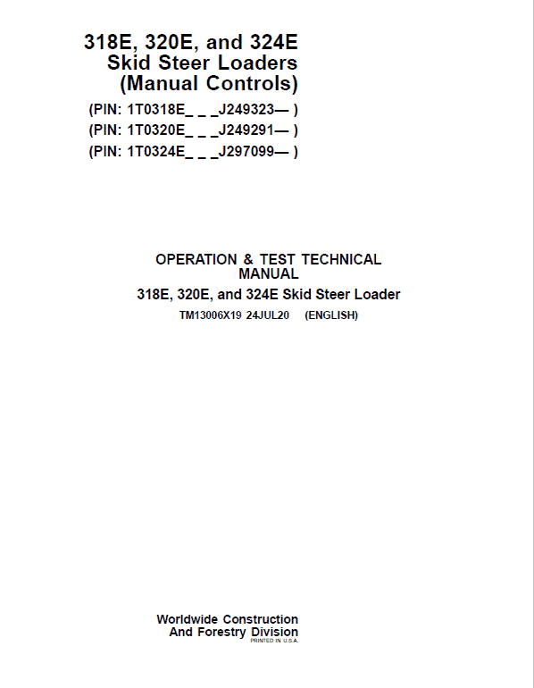 John Deere 318E, 320E, 324E SkidSteer Loader Manual (Manual Controls – SN after J249291) Workshop Guide