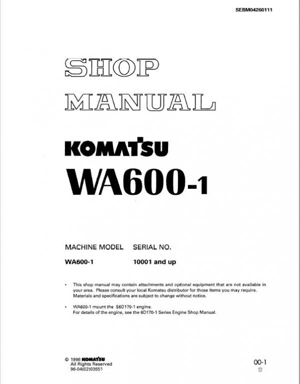 Komatsu WA600-1 Wheel Loader Service Manual Workshop Guide