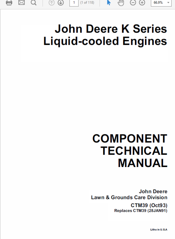 John Deere K Series Air Cooled & Liquid Cooled Engines Manual (CTM5 and CTM39) Workshop Guide