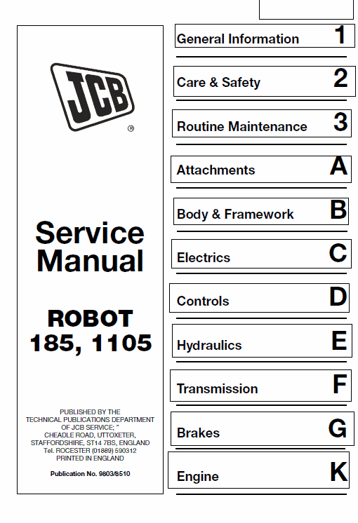 JCB 185, 185HF, 1105, 1105HF Skidsteer Loader Robot Service Manual Workshop Guide
