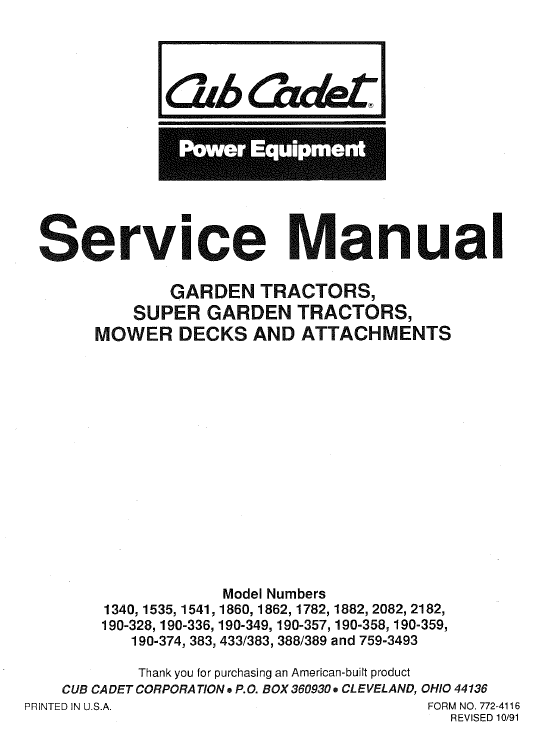 Cub Cadet 1340, 1535, 1541 and 1782 Service Manual Workshop Guide