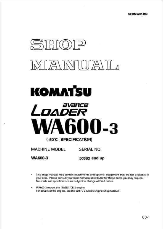 Komatsu WA600-3 Wheel Loader Service Manual Workshop Guide