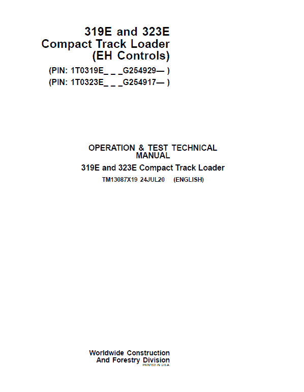 John Deere 319E, 323E SkidSteer Loader Technical Manual (EH Controls – SN after G254917) Workshop Guide