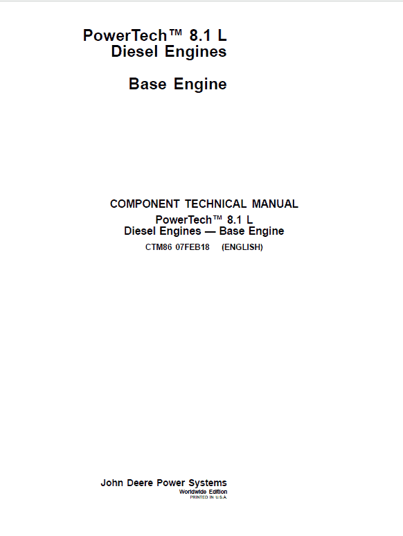 John Deere PowerTech 8.1L Diesel Engines Technical Manual (CTM86) Workshop Guide