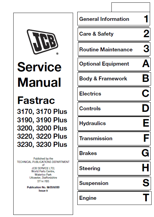 JCB 3170, 3190, 3200, 3220, 3230 Fastrac Service Manual Workshop Guide
