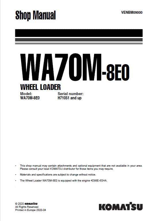 Komatsu WA70M-8E0 Wheel Loader Repair Service Manual Workshop Guide