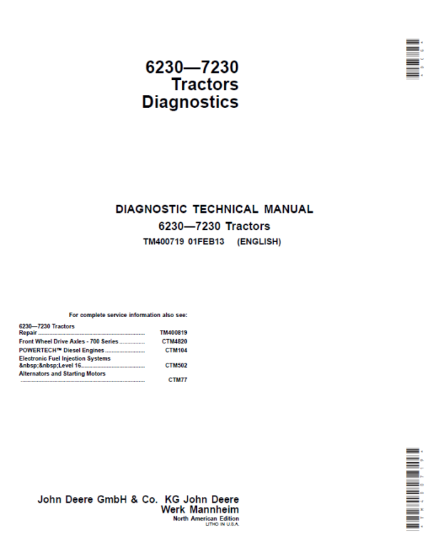 John Deere Tractors 6230, 6330, 6430, 6530, 6630, 7130, 7230 (NA) Service Repair Manual Workshop Guide