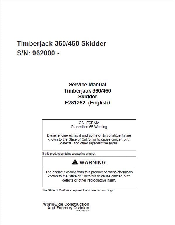 Timberjack 360, 460 Skidder Service Repair Manual (SN 96200 and up) Workshop Guide