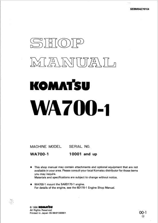 Komatsu WA700-1 Wheel Loader Service Manual Workshop Guide