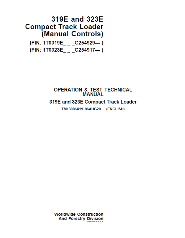 John Deere 319E, 323E SkidSteer Loader Manual (Manual Controls – SN after G254917) Workshop Guide