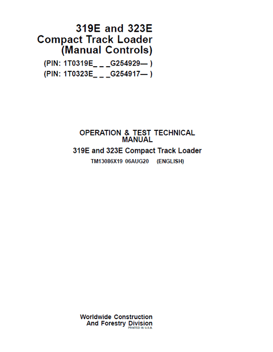 John Deere 319E, 323E SkidSteer Loader Manual (Manual Controls – SN after G254917) Workshop Guide