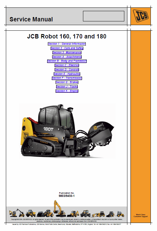 JCB 160, 160HF, 170, 170HF, 180, 180HF, 180T, 180THF Robot Skidsteer Loader Manual Workshop Guide