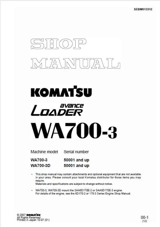 Komatsu WA700-3 Wheel Loader Service Manual Workshop Guide