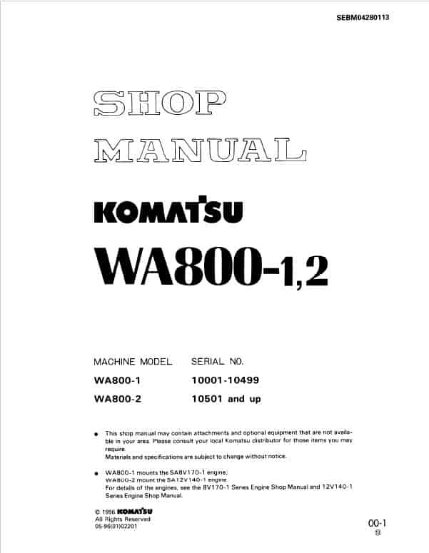 Komatsu WA800-1, WA800-2 Wheel Loader Service Manual Workshop Guide