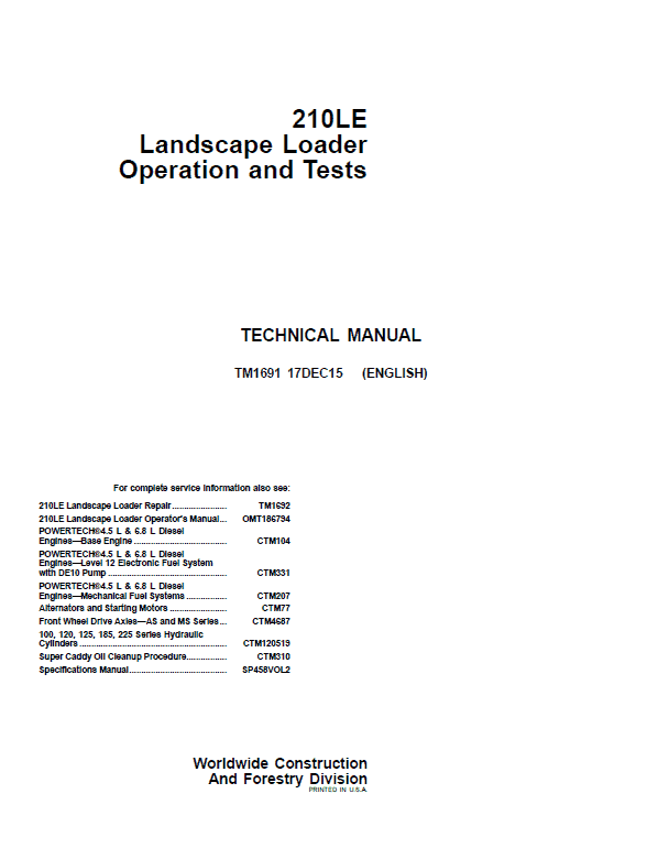 John Deere 210LE Landscape Loader Repair Technical Manual (S.N before – 888001) Workshop Guide