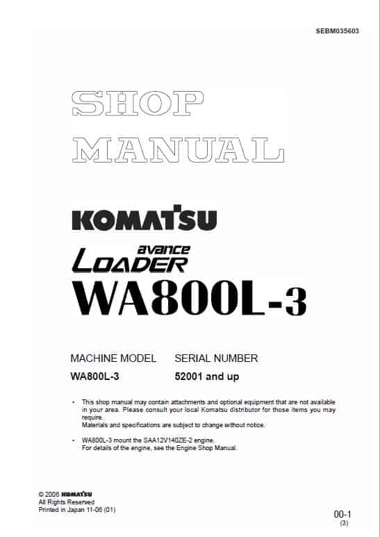Komatsu WA800L-3 Wheel Loader Service Manual Workshop Guide