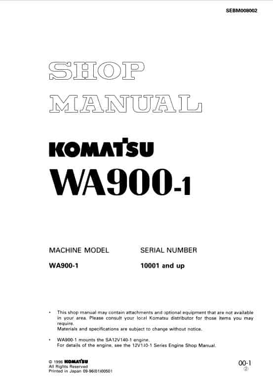 Komatsu WA900-1 Wheel Loader Service Manual Workshop Guide