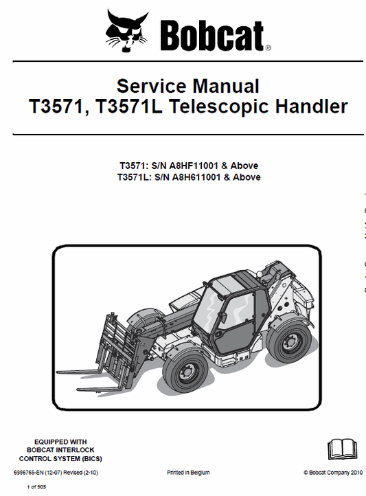 Bobcat T3571, T3571L Telescopic Handler Service Repair Manual Workshop Guide