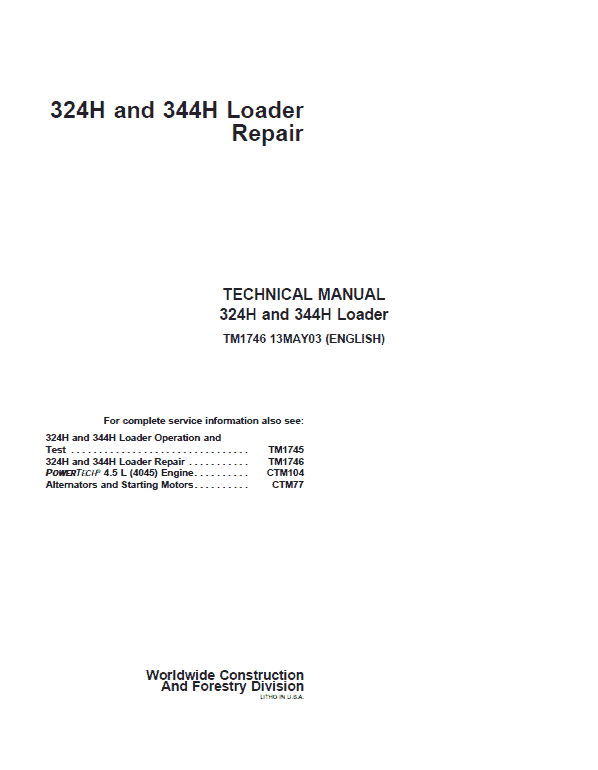 John Deere 324H, 344H Loader Repair Technical Manual Workshop Guide