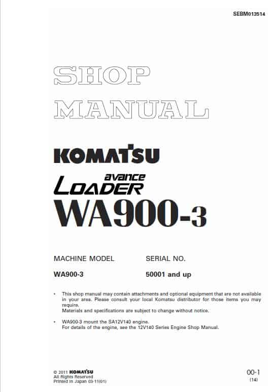 Komatsu WA900-3, WA900-3E0 Wheel Loader Service Manual Workshop Guide