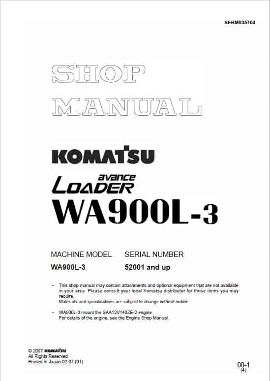 Komatsu WA900L-3 Wheel Loader Service Manual Workshop Guide