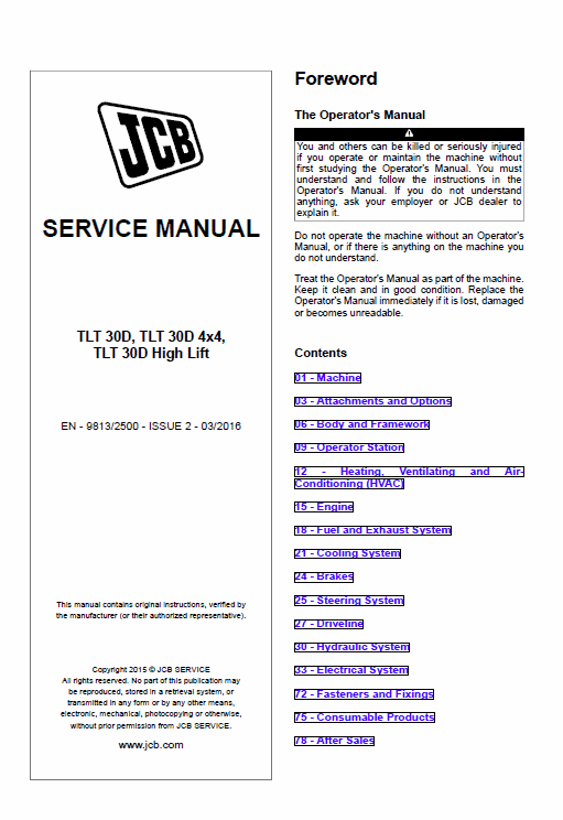 JCB TLT 30D, TLT 35D 4×4, TLT 30D High Lift Teletruck Service Manual Workshop Guide