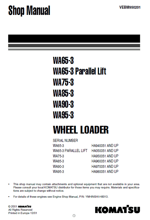Komatsu WA65-3, WA90-3, WA95-3 Wheel Loader Service Manual Workshop Guide