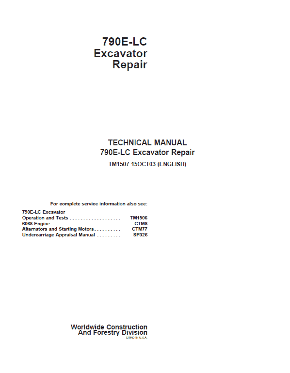 John Deere 790E LC Excavator Repair Technical Manual Workshop Guide