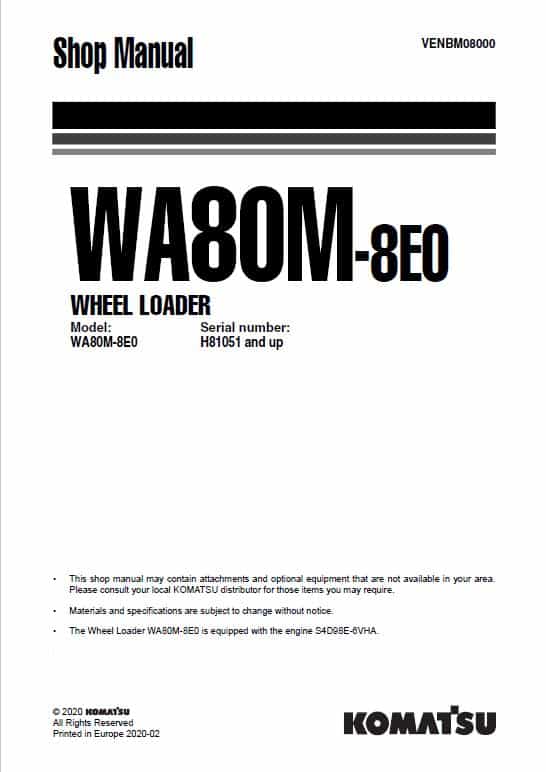 Komatsu WA80M-8E0 Wheel Loader Repair Service Manual Workshop Guide