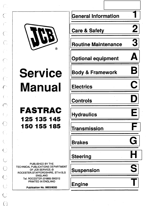 JCB 125, 135, 145, 150, 155, 185 Fastrac Service Manual Workshop Guide