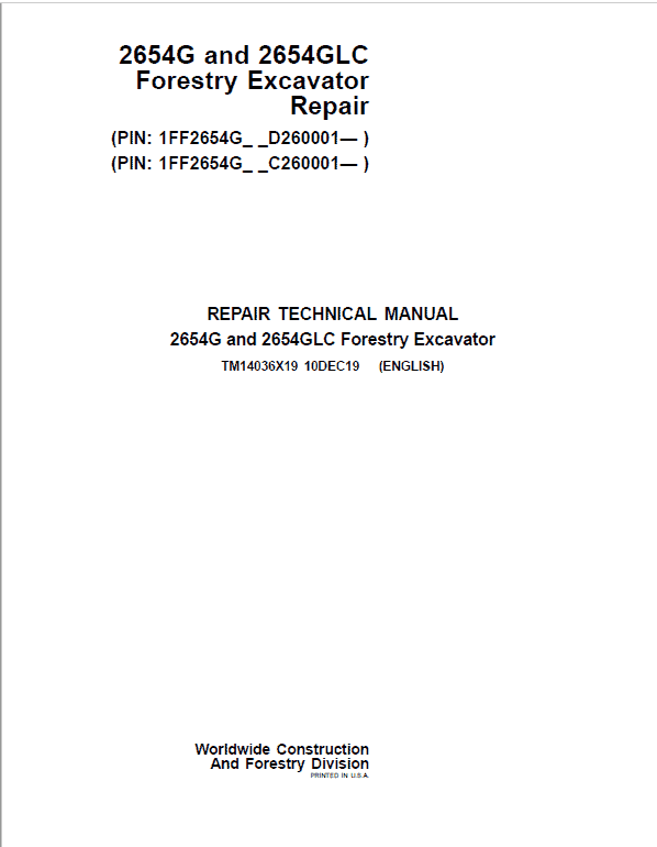 John Deere 2654G, 2654GLC Swing Excavator Repair Manual (S.N C260001 – & D260001 – ) Workshop Guide