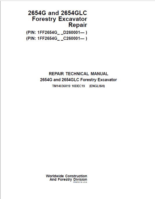 John Deere 2654G, 2654GLC Swing Excavator Repair Manual (S.N C260001 – & D260001 – ) Workshop Guide