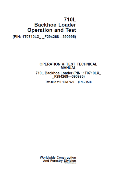John Deere 710L Backhoe Loader Repair Technical Manual (S.N after F294268 – F390995) Workshop Guide