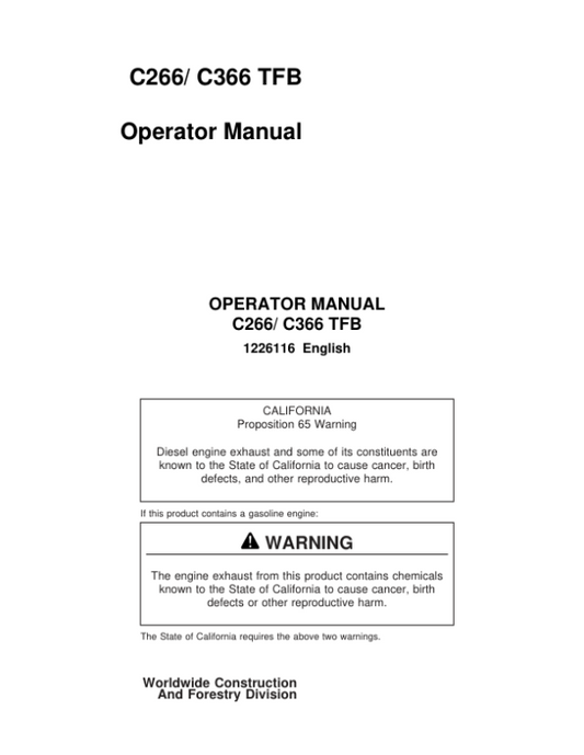 John Deere C266, C366 Tracked Feller Bunchers Operator’s Manuals (1226116) Workshop Guide