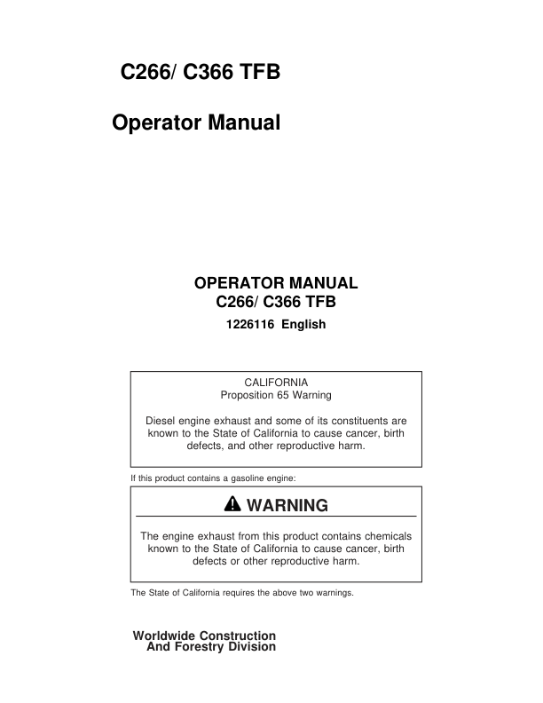 John Deere C266, C366 Tracked Feller Bunchers Operator’s Manuals (1226116) Workshop Guide
